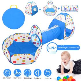 3 In 1 Child Crawl Tunnel Tent Kids Play Tent Ball Pit Set Foldable Children Play House Pop-up Kids Tent w/Storage Bag for Indoor Outdoor Travel (Color: Blue)